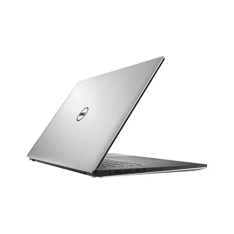 Un ordinateur portable Dell élégant en gris argenté, ouvert sur un fond blanc, idéal pour la bureautique, le travail à distance et l'apprentissage numérique.