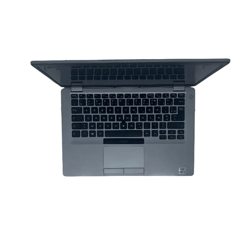 Ordinateur portable ouvert avec clavier noir et รฉcran, vue de dessus, pour une utilisation informatique.