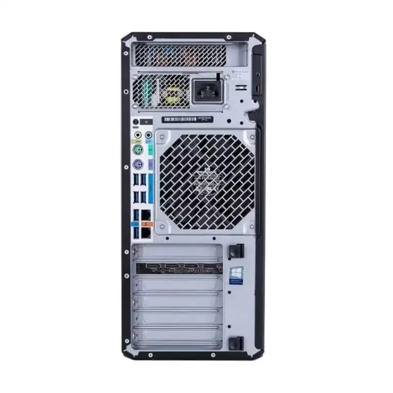 Tour PC de bureau avec composants visibles, ports USB, alimentation et ventilateurs, idéal pour gaming ou travail intensif.