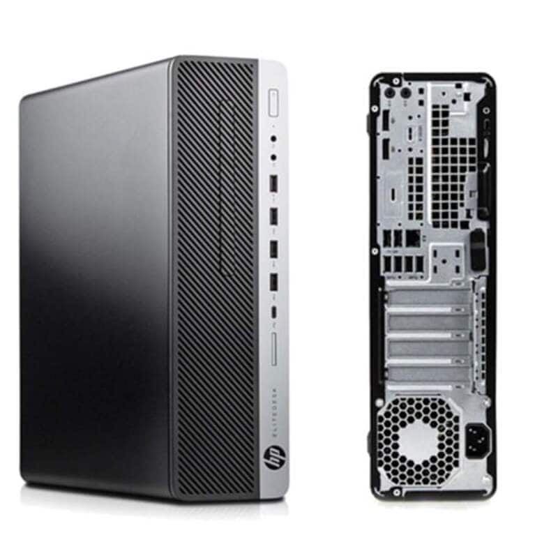 Ordinateur de bureau HP avec boîtier gris et panneau arrière visible, idéal pour la réparation ou la mise à niveau.
