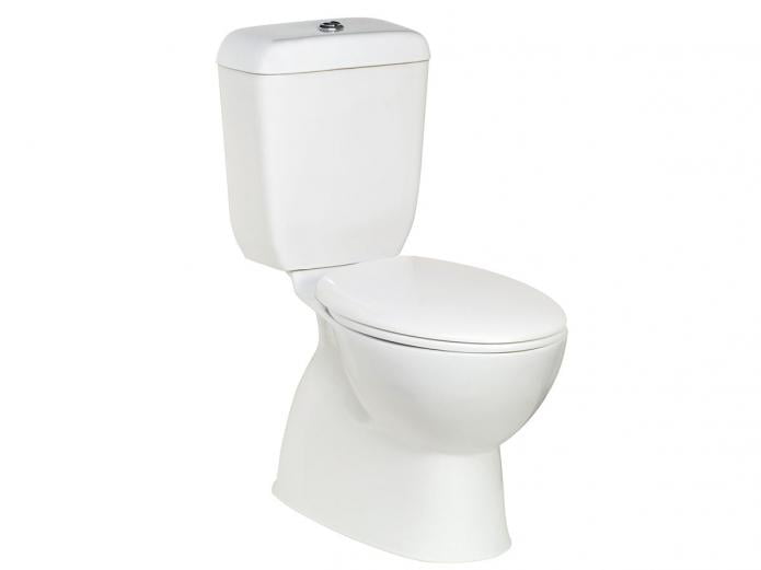 closed white toilet against a white background