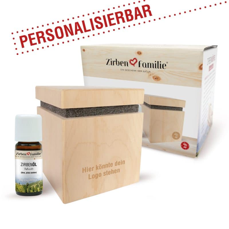 ZirbenWuerfel Premium pers Logo stehen Verpa