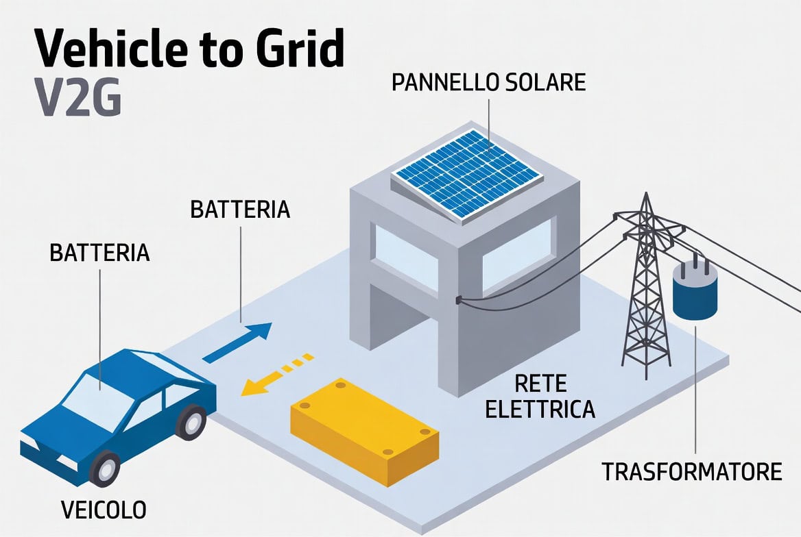 Schema semplificato del V2G che mostra un’auto elettrica collegata a una batteria, a un edificio con pannello solare e alla rete elettrica tramite trasformatore. Il disegno evidenzia il flusso di energia tra accumulo, abitazione e rete.