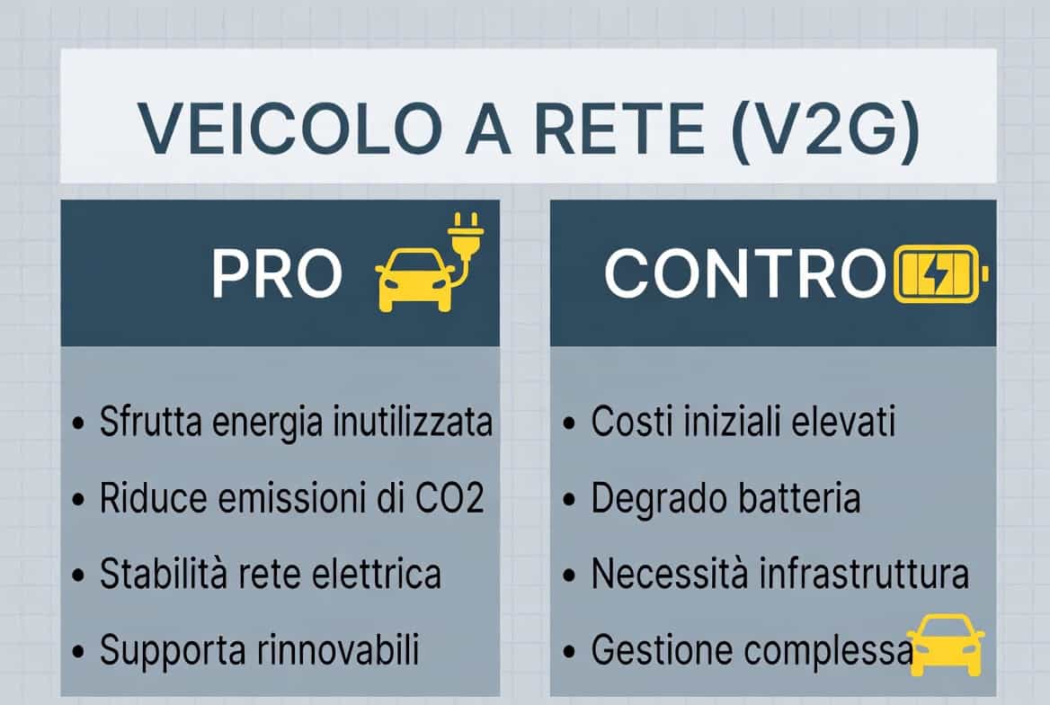 Infografica che spiega il sistema V2G con un confronto tra vantaggi e limiti. A sinistra sono indicati benefici come uso dell’energia in eccesso e supporto alla rete elettrica, a destra costi iniziali e gestione complessa del sistema.