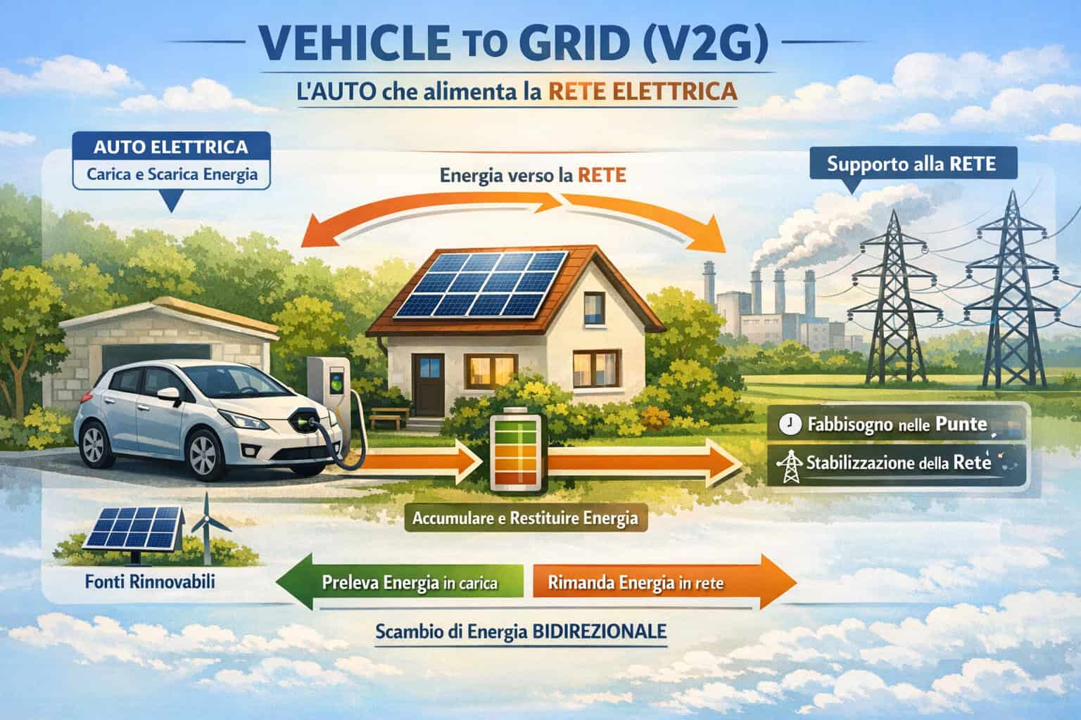 Illustrazione del funzionamento V2G con un’auto elettrica collegata a una casa con pannelli solari e alla rete elettrica. Le frecce mostrano lo scambio bidirezionale di energia tra accumulo domestico, auto e rete per stabilizzazione e copertura dei picchi.