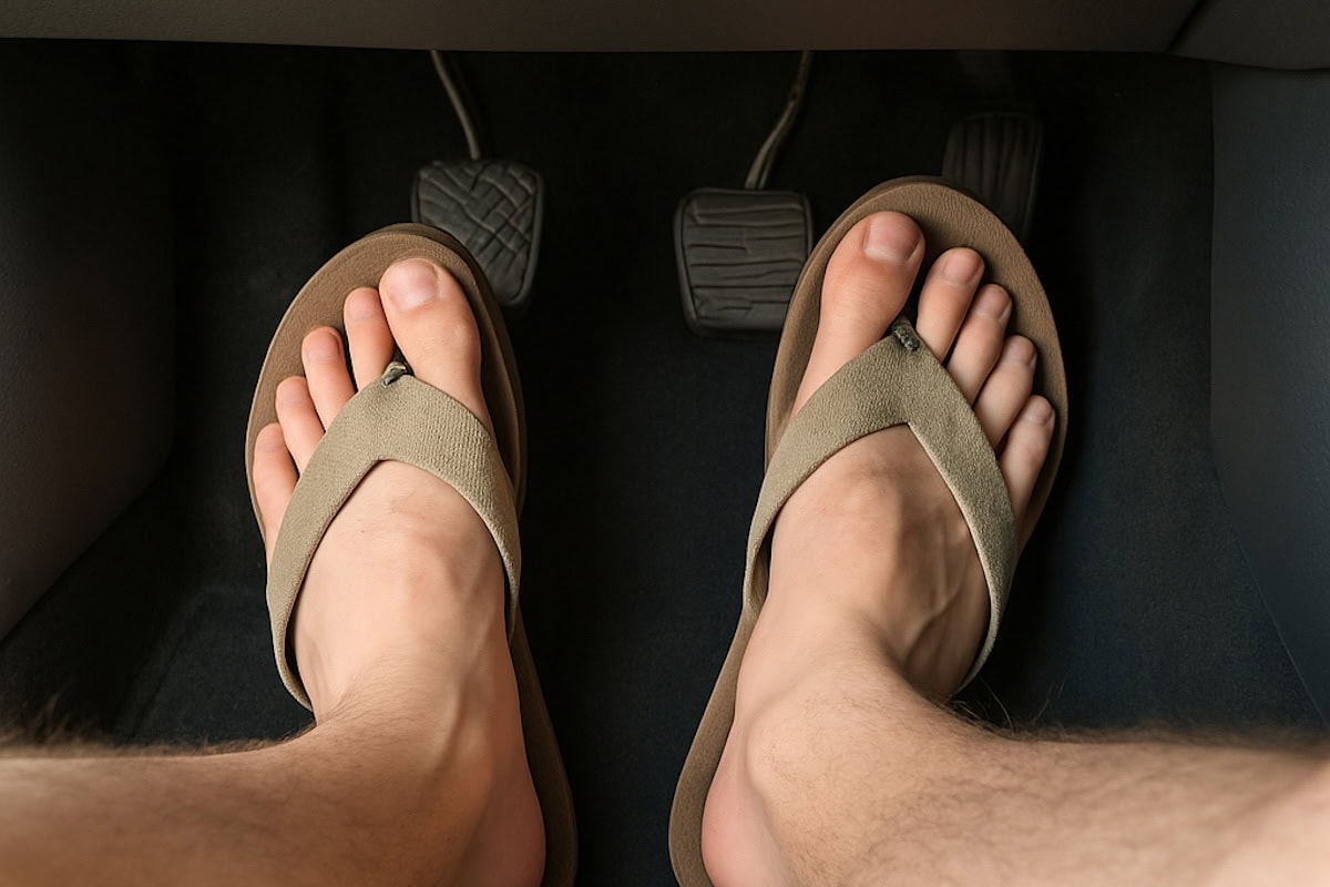 Piedi con ciabatte infradito sui pedali di un’auto con cambio manuale.
