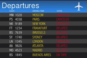 tabellone in aeroporto con l'elenco di tutti i voli cancellati
