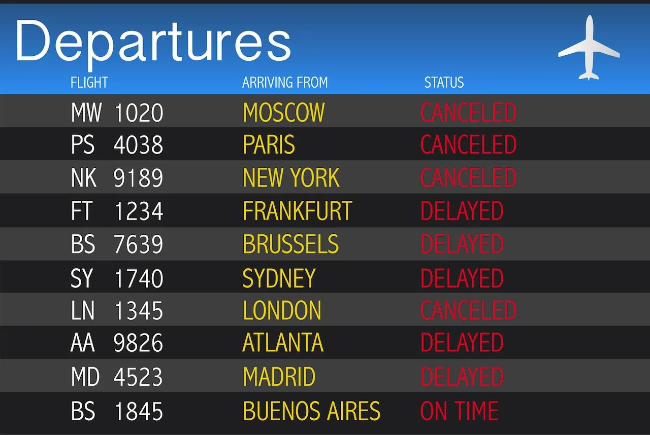 tabellone in aeroporto con l'elenco di tutti i voli cancellati