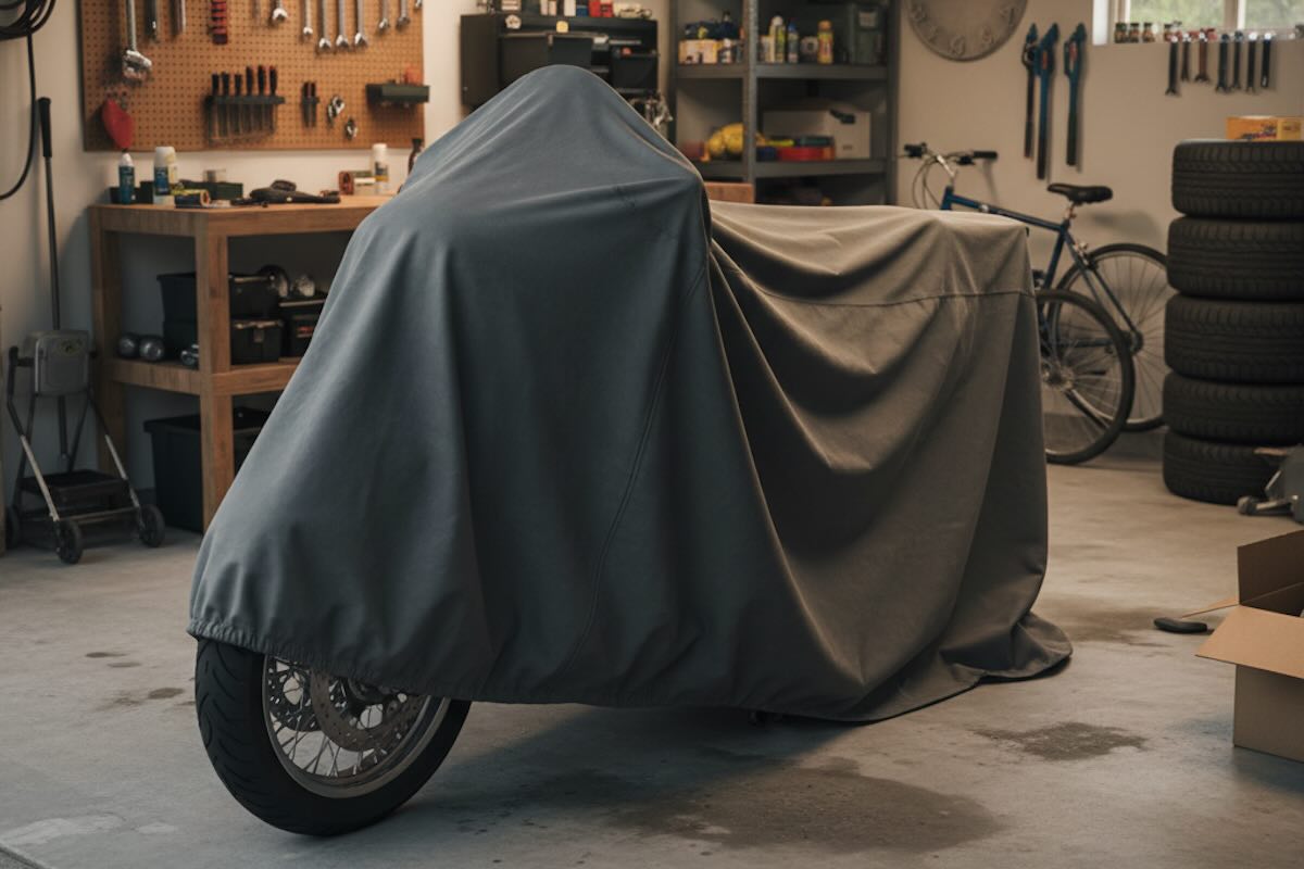 Copertina protettiva moto con cover in garage per veicolo motard.