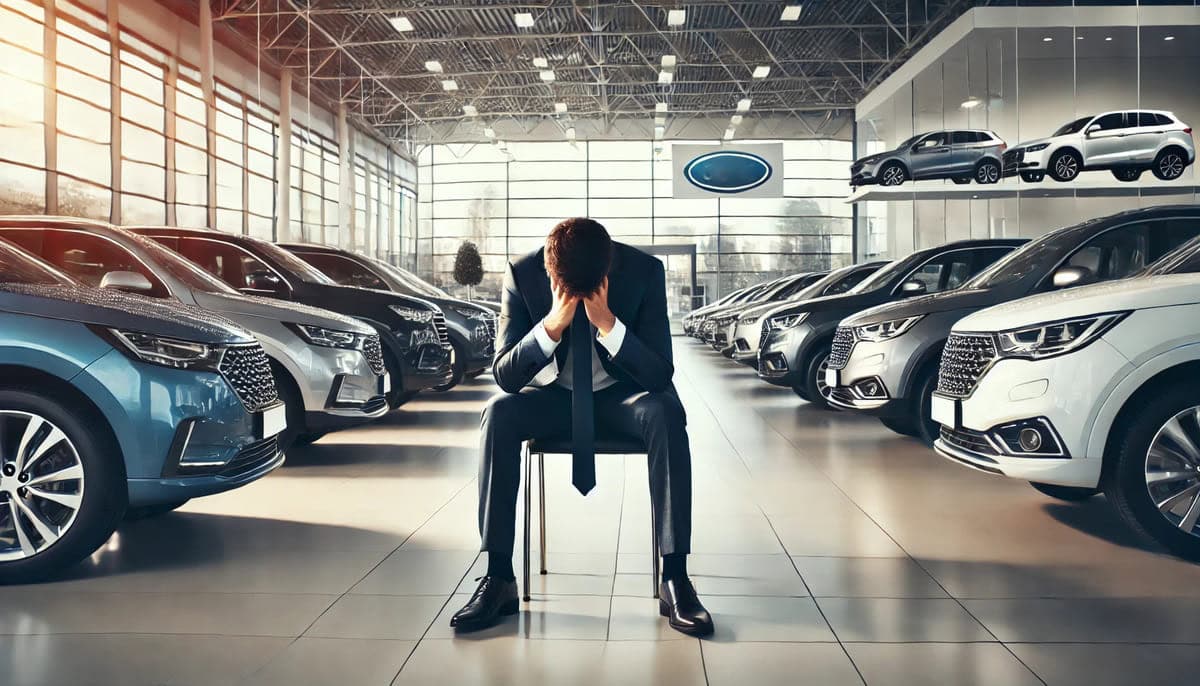 Vetrina di un concessionario auto con diverse automobili esposte, tra cui modelli SUV e berline, in un ambiente urbano. L’atmosfera suggerisce un calo di affluenza o vendite, con riflessi sulle vetrate e tonalità fredde che richiamano l’idea di crisi nel mercato automobilistico.