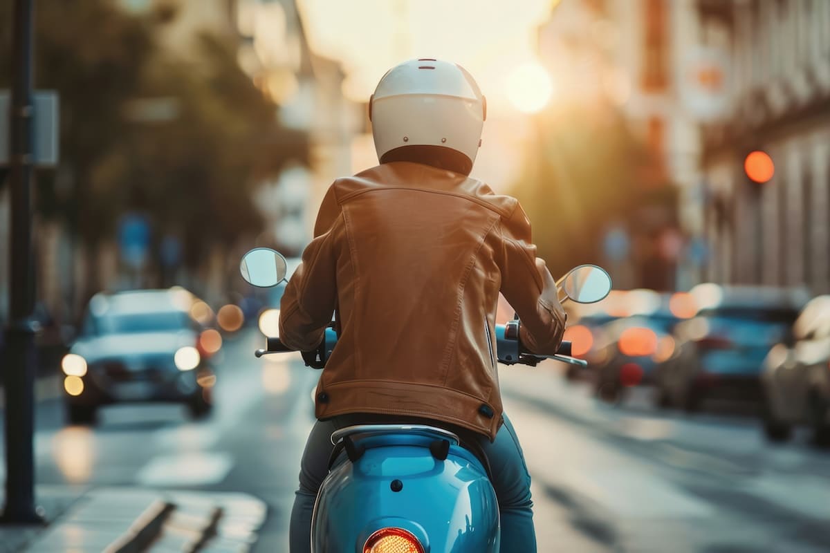 Motociclista con casco jet bianco e giacca marrone guida uno scooter azzurro in una strada trafficata al tramonto.