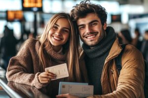 Giovane coppia sorridente mostra passaporti e documenti di viaggio al check-in in un terminal aeroportuale.