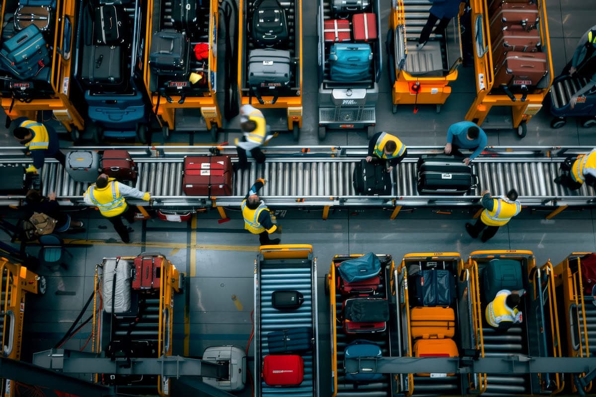 Addetti aeroportuali in giubbotti catarifrangenti movimentano valigie su un nastro trasportatore, circondati da carrelli pieni di bagagli in un'area di smistamento.