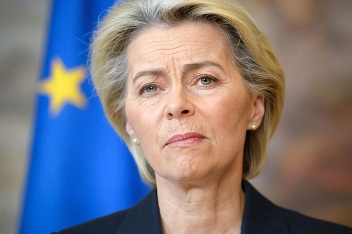 Primo piano di Ursula von der Leyen davanti a una bandiera dell’Unione Europea.
