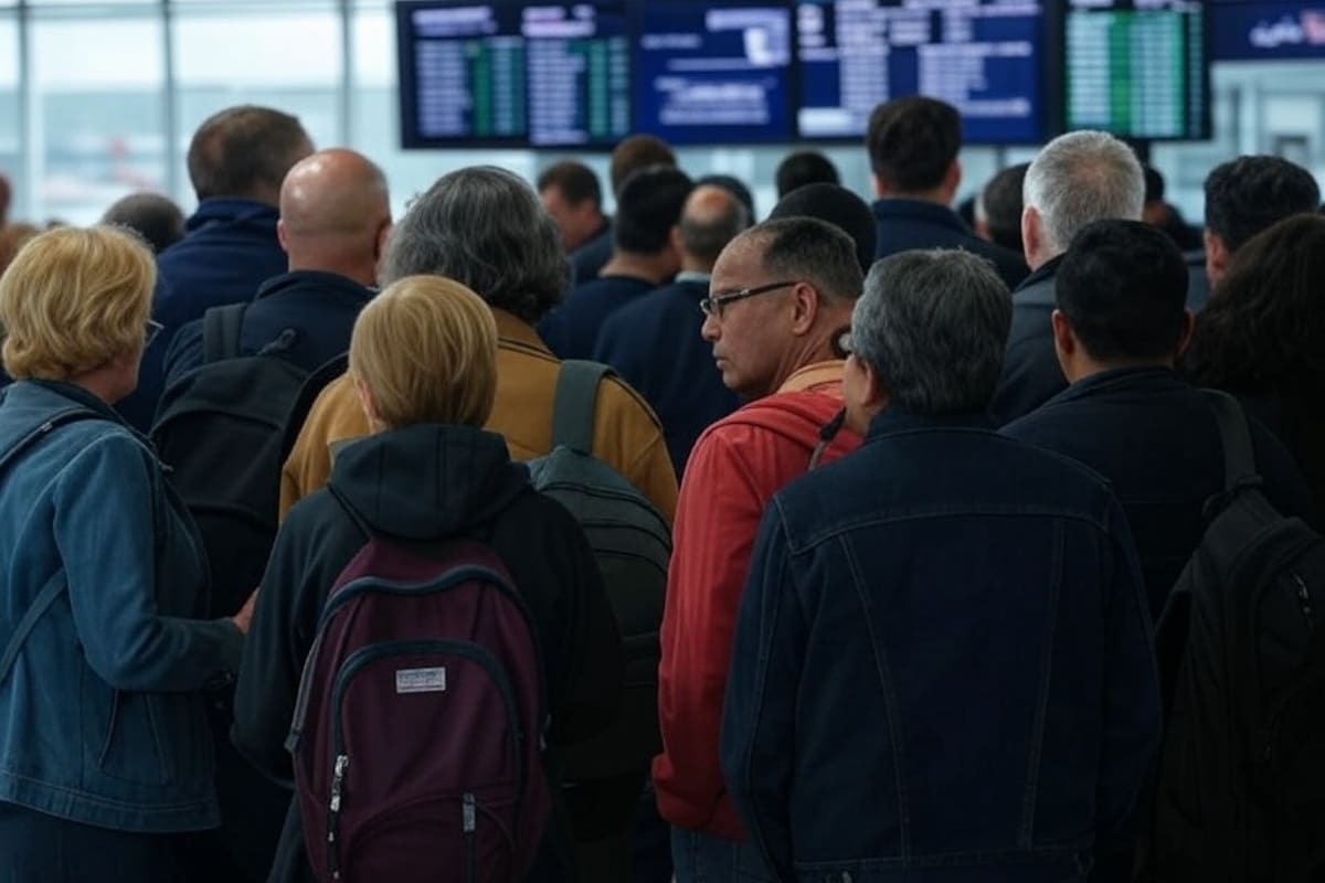 Persone in fila all'aeroporto con schermi che mostrano voli cancellati per sciopero