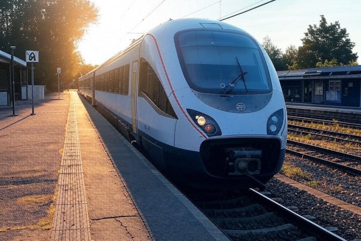 Treno passeggeri fermo in stazione al tramonto