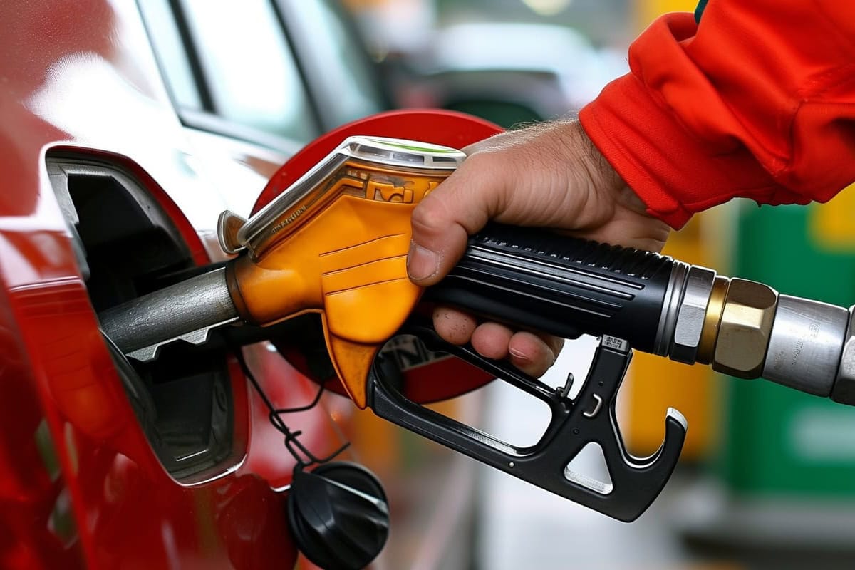 Mano che inserisce la pistola del carburante nel serbatoio di un’auto rossa durante il rifornimento.