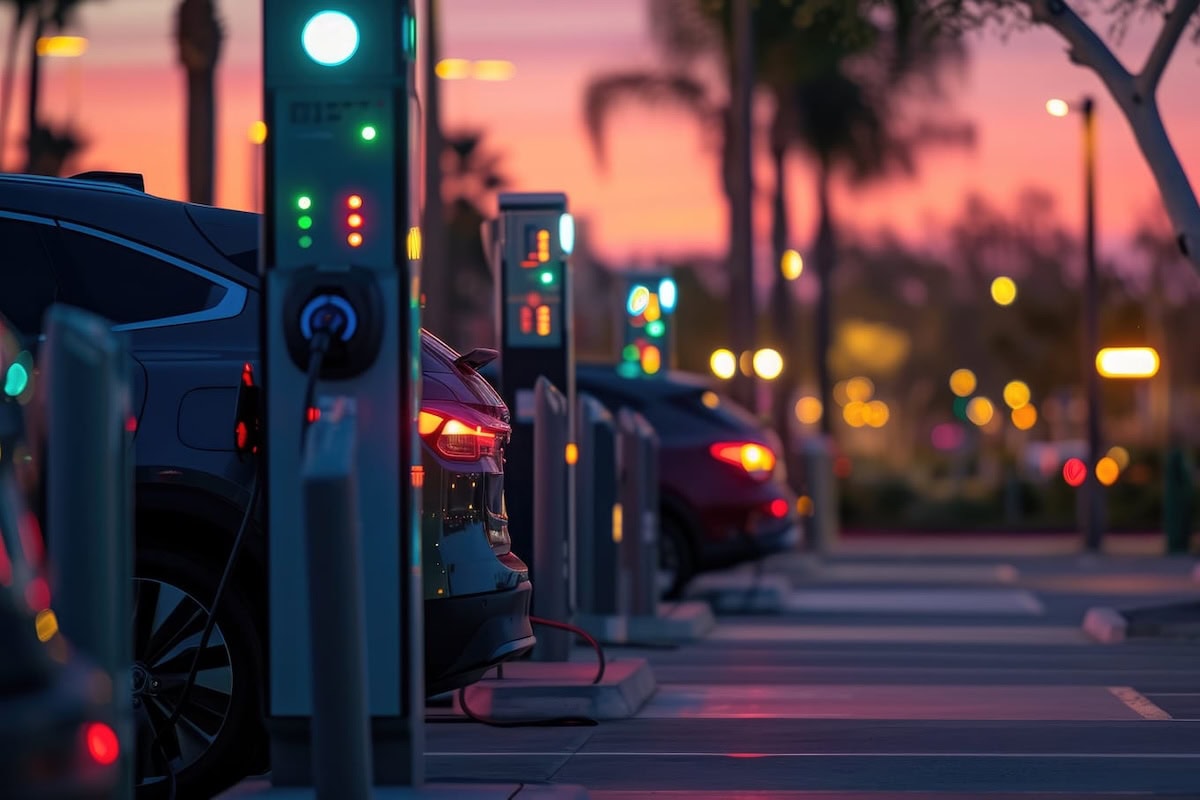 Auto elettriche in ricarica presso colonnine pubbliche al tramonto