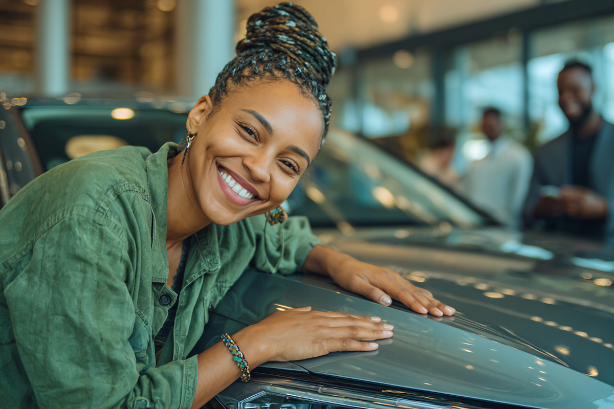 Donna sorridente appoggiata al cofano di un’auto all’interno di una concessionaria, con altre persone sfocate sullo sfondo. L’immagine comunica soddisfazione e fiducia nel momento della scelta o dell’acquisto di un’auto.