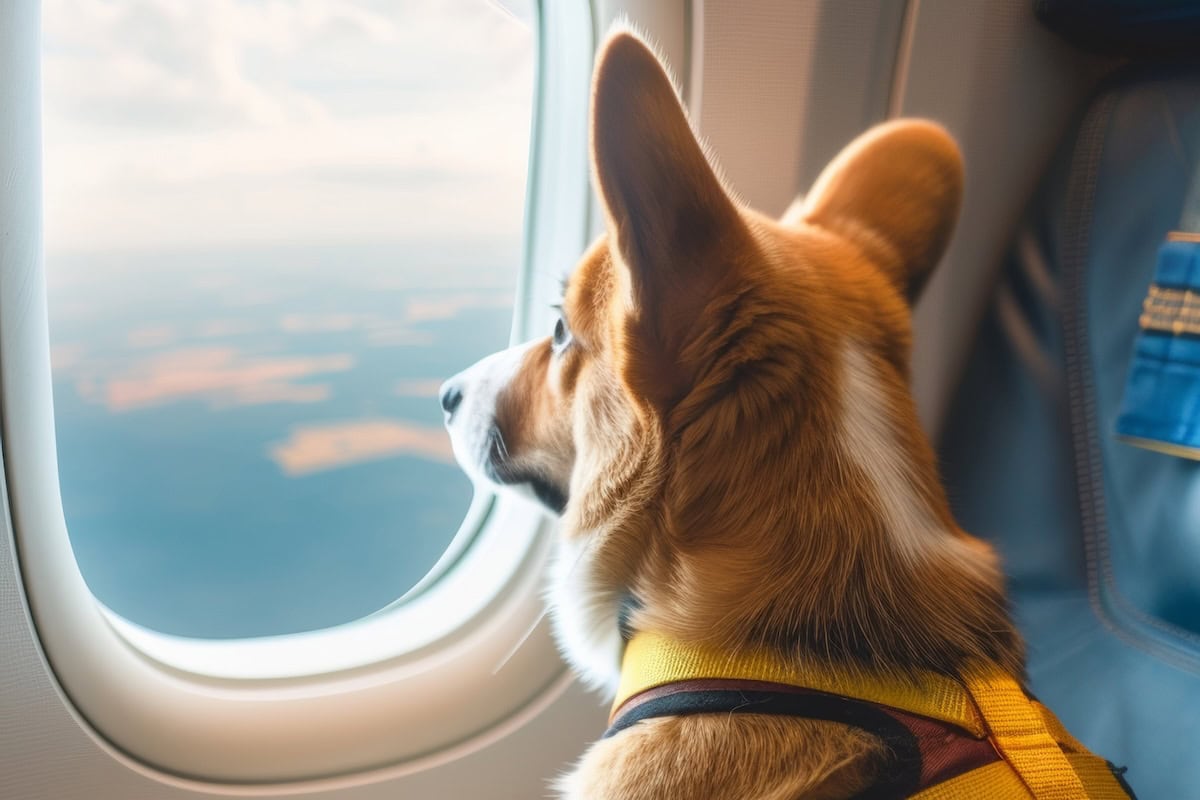 Happy corgi dog traveller sitting on an airplane seat looking through the window. Travelling with pets