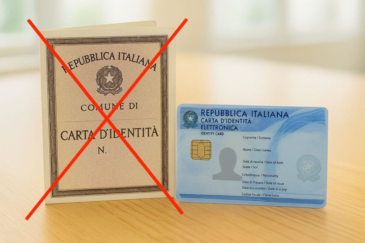 Vecchia carta d'identità cartacea e nuova carta d'identità elettronica italiana su scrivania chiara, in ambiente luminoso