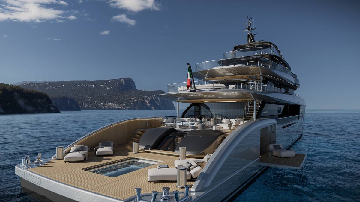 Baglietto Vesta56 dall’alto in navigazione, mostra i tre ponti, piscina, zone prendisole