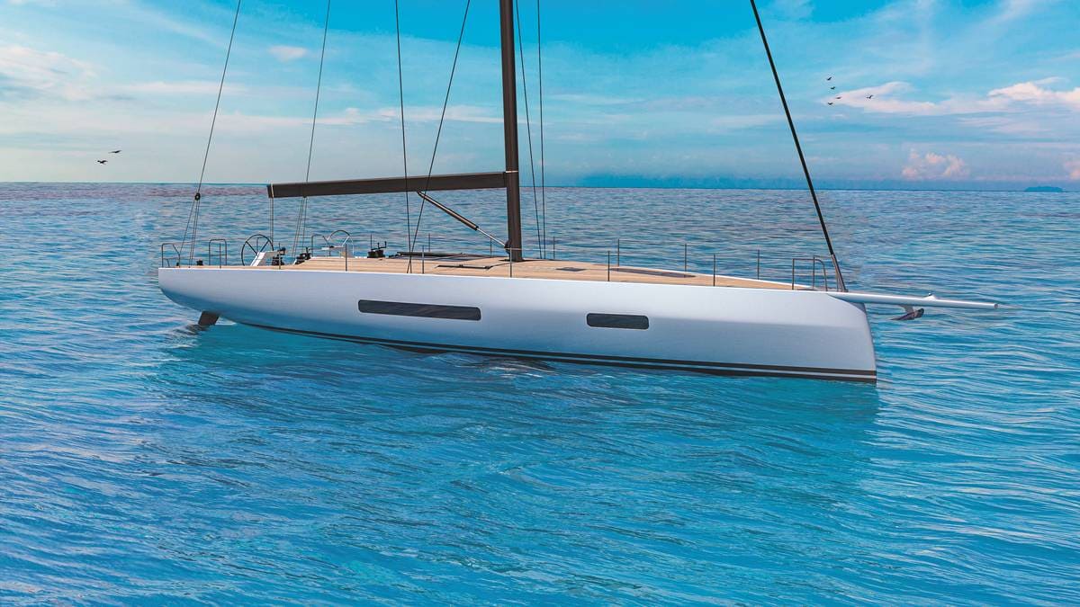 Yacht a vela Mylius M60GL bianco in mare calmo, profilo elegante, coperta teak, ideale per veleggiare