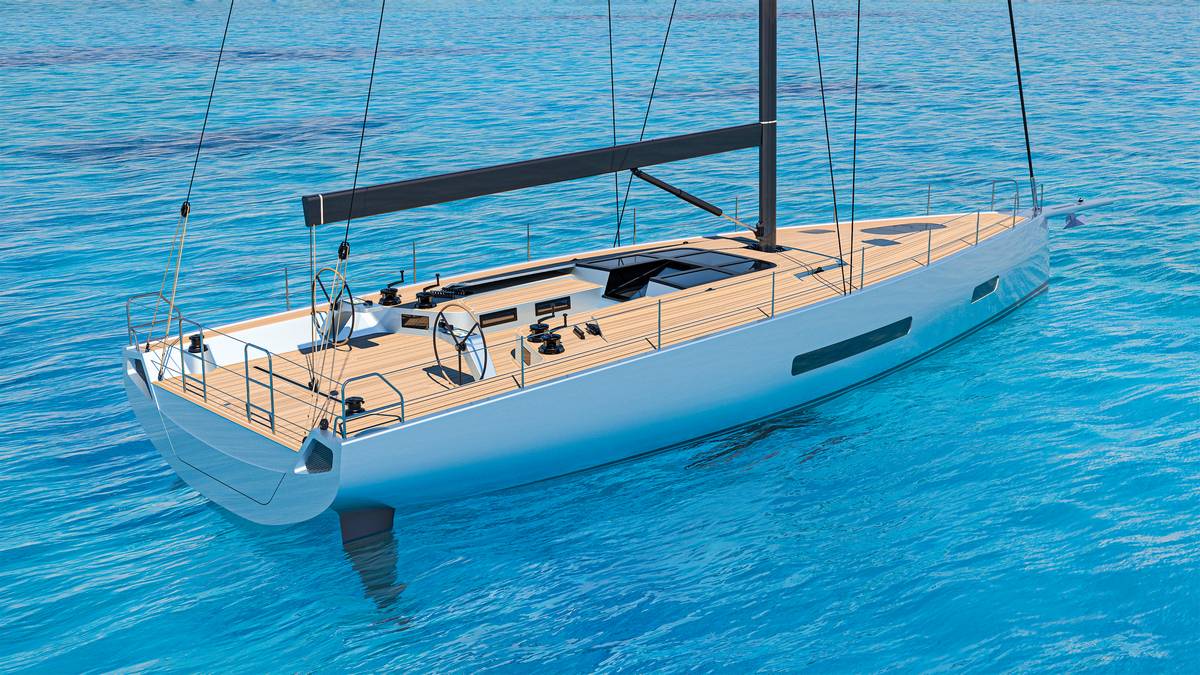 Coperta in teak del Mylius M60GL, doppia ruota timone, ponte spazioso, design pulito.