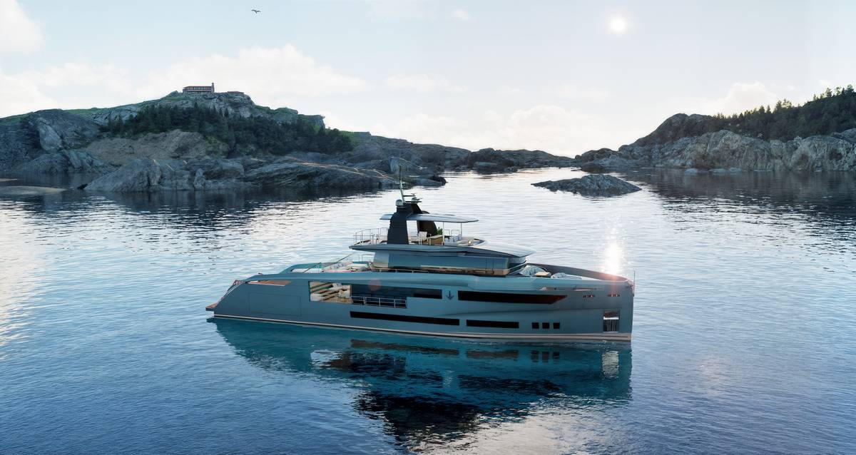 Lo yacht SUY110 Antonini Navi ormeggiato in una baia rocciosa