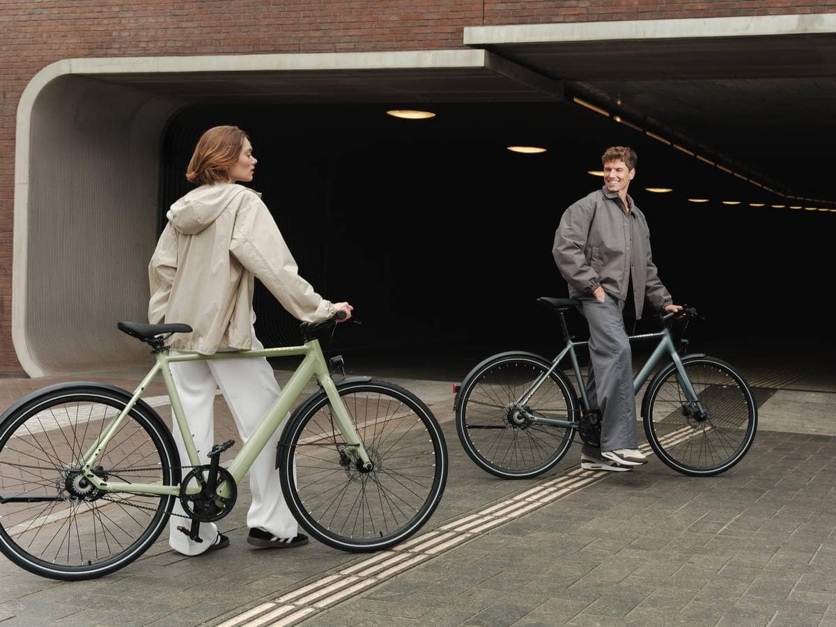 Biciclette elettriche Tenways CGO600 grigia e verde salvia, uomo e donna, design minimal per commuting urbano.