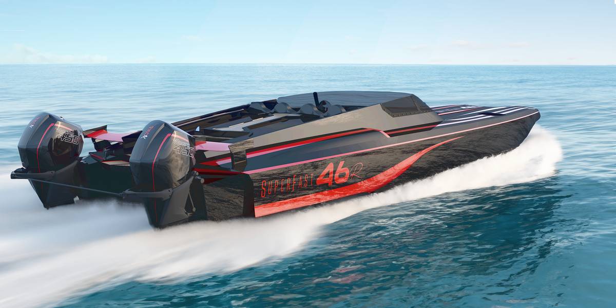 Yacht VISIONF Superfast 46 nero e rosso, doppio motore Mercury 450R, linea sportiva