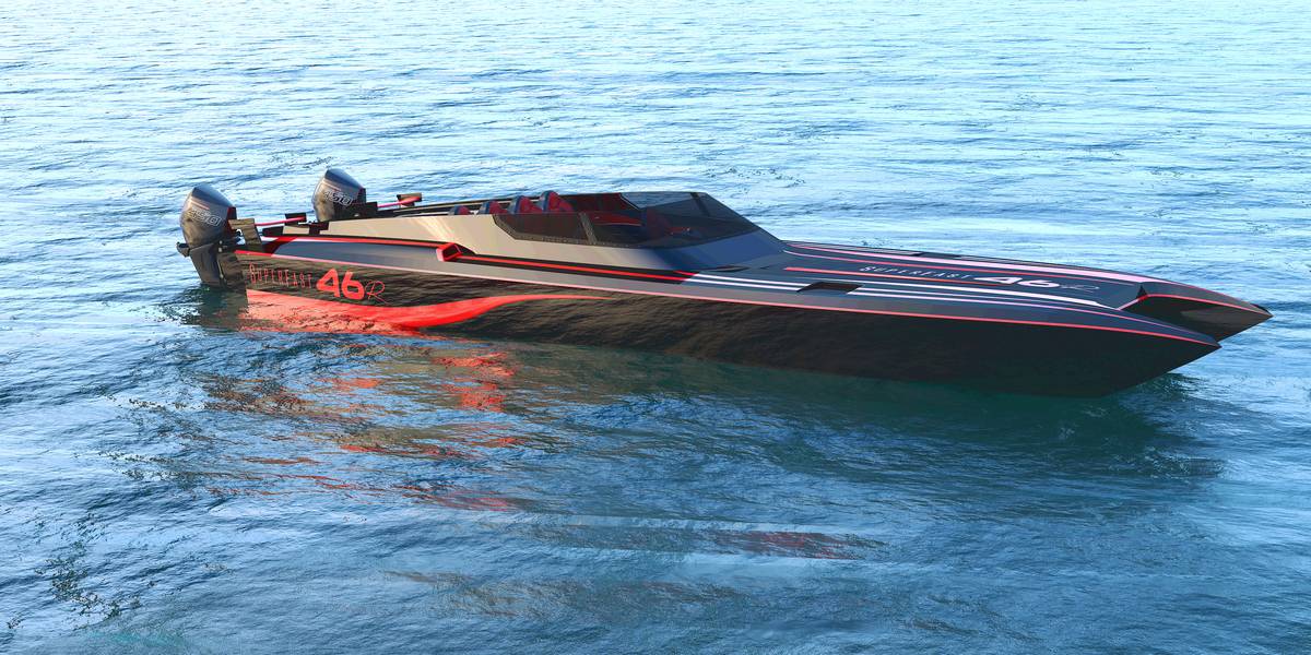 Yacht VISIONF Superfast 46 nero e rosso, fermo sull’acqua, interni rossi, doppio motore Mercury 450R, design sportivo