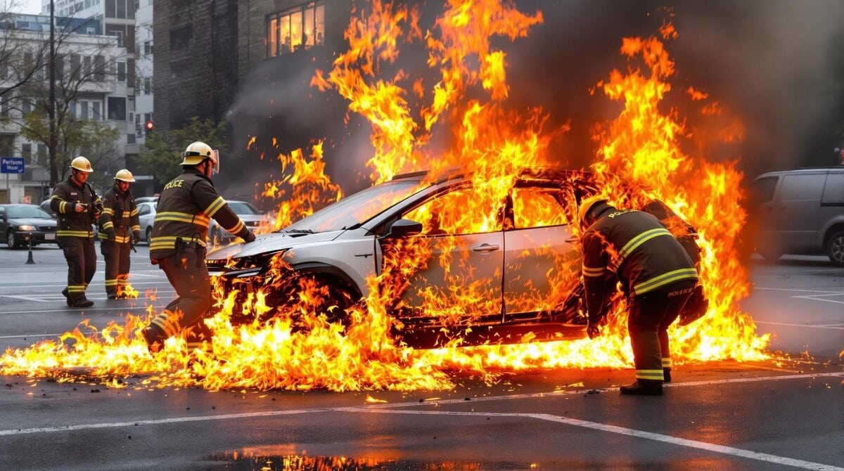Vigili del fuoco in azione mentre tentano di spegnere un SUV avvolto dalle fiamme nel mezzo di un incrocio urbano. L’auto è completamente in fiamme, con alte lingue di fuoco che si alzano anche dal cofano e dall’abitacolo. Sullo sfondo, edifici e altri veicoli fermi al semaforo.