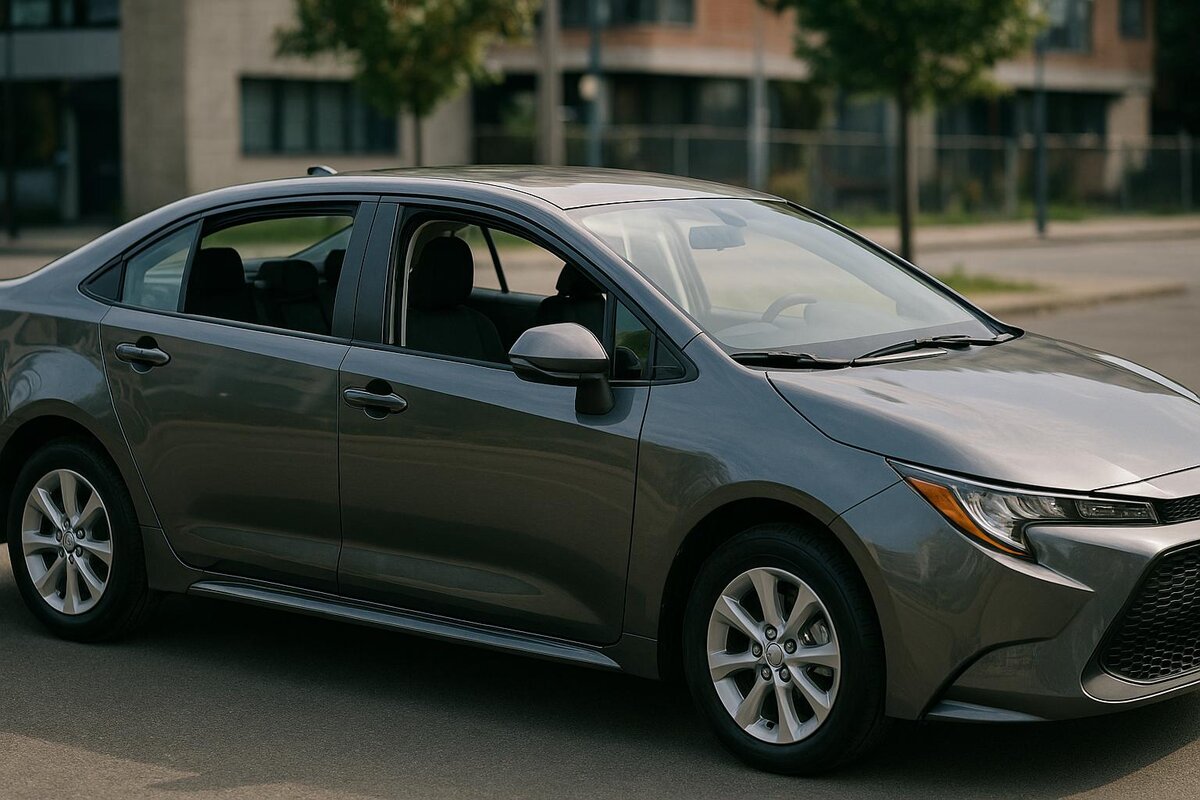 Vista laterale anteriore di una Toyota Corolla grigia parcheggiata in strada, con i finestrini aperti.