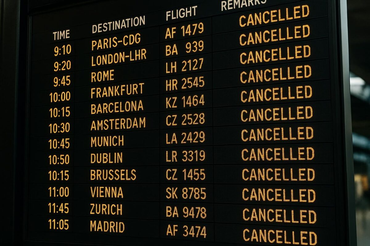 Tabellone partenze in aeroporto con elenco voli per città europee, tutti contrassegnati come “CANCELLED” accanto all’orario e al numero del volo.