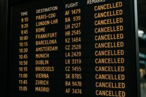 Tabellone partenze in aeroporto con elenco voli per città europee, tutti contrassegnati come “CANCELLED” accanto all’orario e al numero del volo.