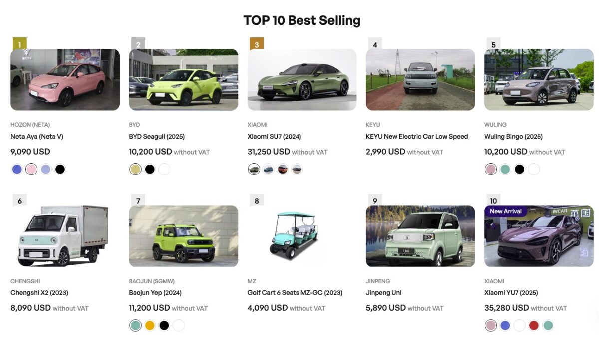 10 auto elettriche più vendute nel China EV Marketplace con prezzi in dollari.