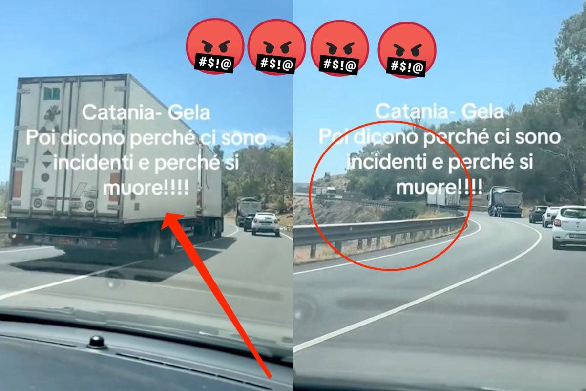 Camion sulla strada con testo sulle cause degli incidenti in Sicilia, commento ironico su incidenti e mortalità stradale, immagine di traffico intenso sulla strada di Catania-Gela, notizie di viabilità, sicurezza stradale.