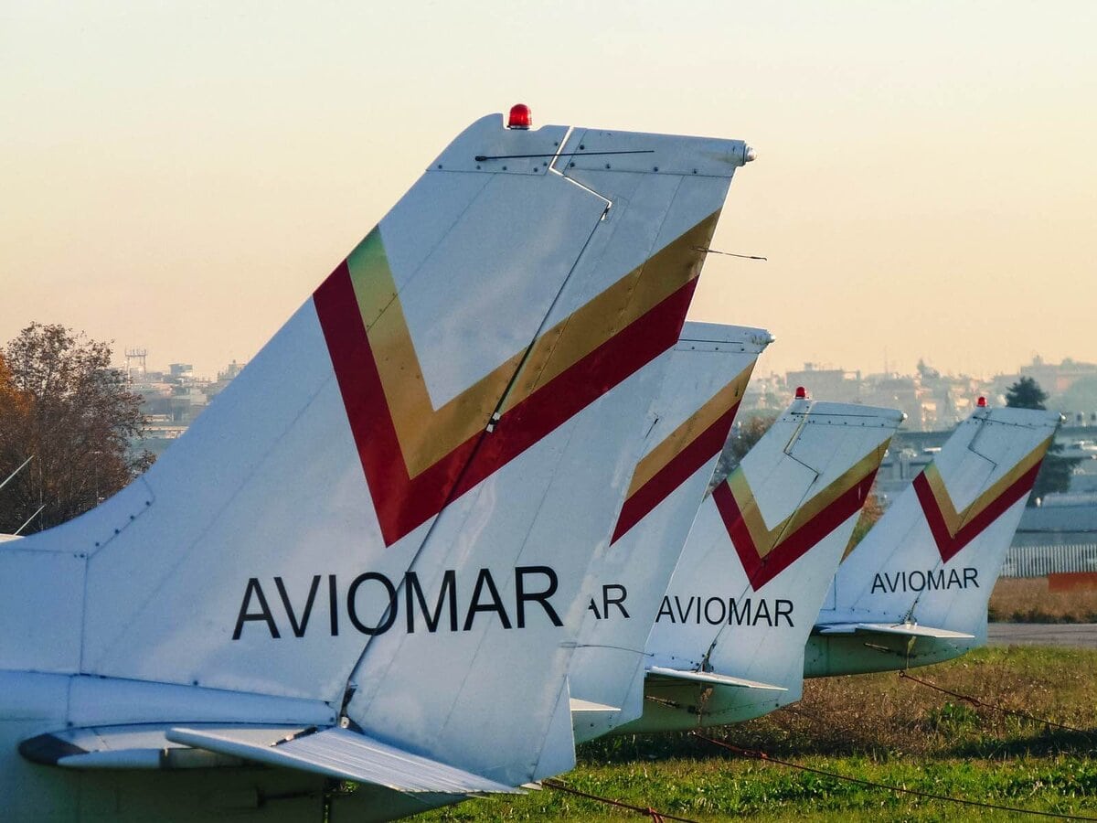 Vista ravvicinata delle derive verticali di quattro aerei da addestramento con livrea AVIOMAR, parcheggiati in fila su un prato vicino alla pista.