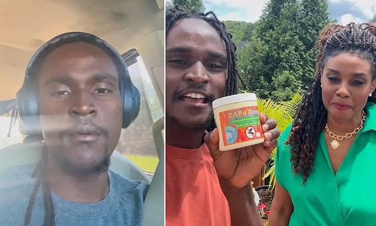 Collage con due foto di Julian Brown: a sinistra è seduto in auto con cuffie nere, a destra sorride mostrando un barattolo di ZAPoline accanto a una donna con camicia verde e collana dorata in un ambiente esterno soleggiato.