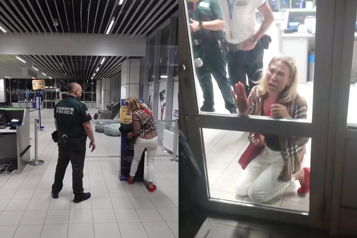 Donna disperata bloccata in aeroporto davanti alla porta chiusa, sorvegliata dalla polizia di frontiera.