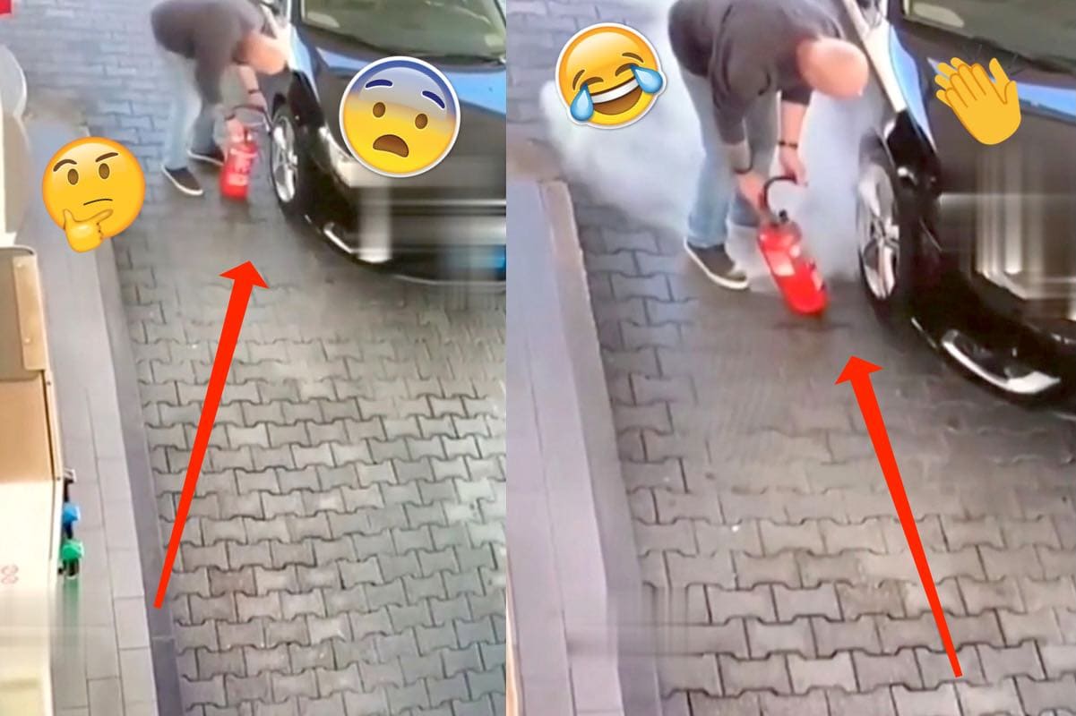 Ingegnoso metodo per gonfiare le gomme con un estintore portatile.