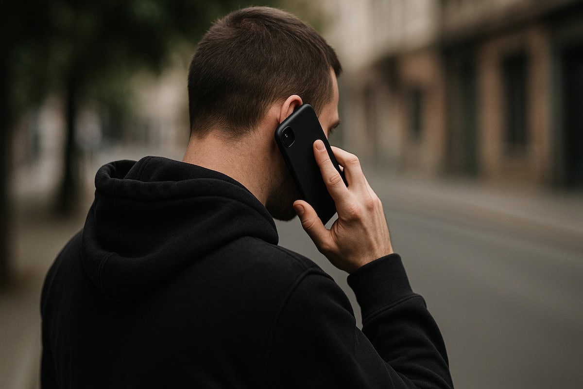 Uomo di spalle in felpa nera parla al telefono per strada.