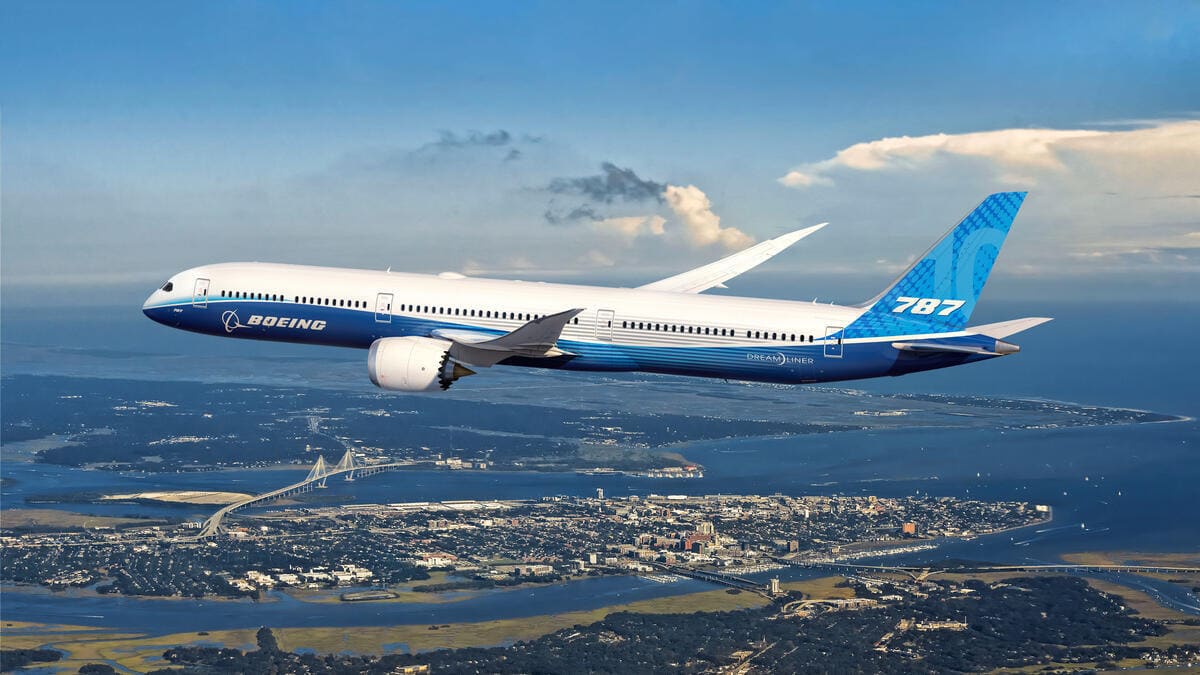 Un Boeing 787 Dreamliner in livrea blu e bianca sorvola una città costiera, con il numero 787 ben visibile sulla coda dell’aereo.