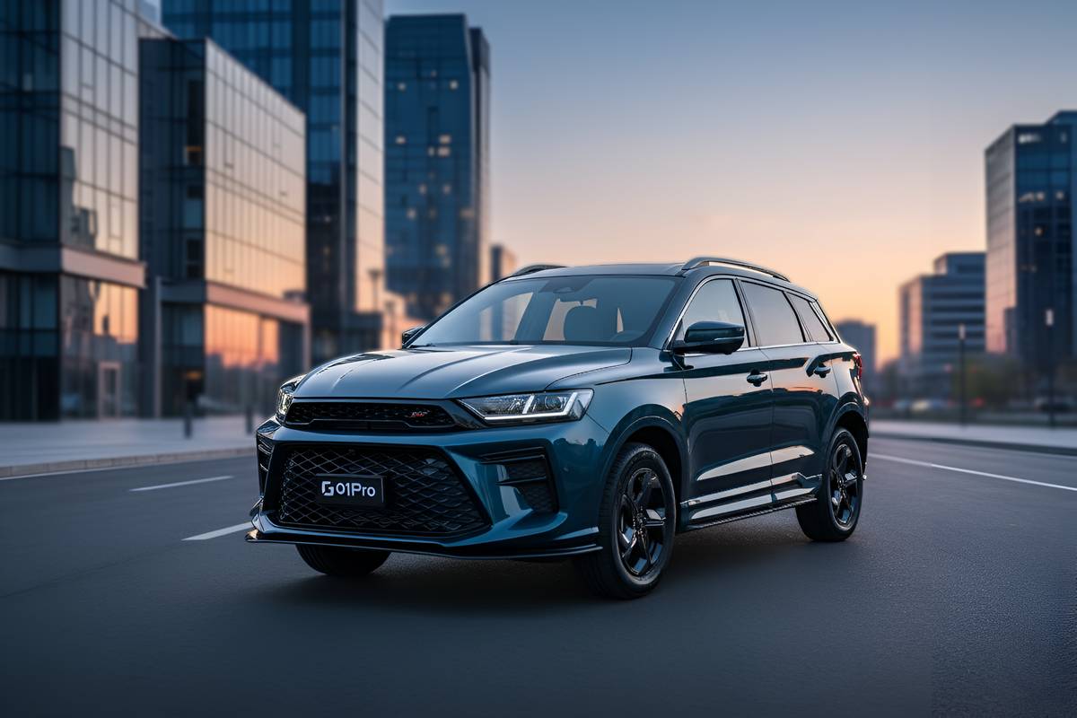 Auto SUV SWM G01 PRO in città al tramonto, design elegante e look sportivo, sistema di guida avanzato, ideale per percorsi urbani, vettura compatta e versatile.