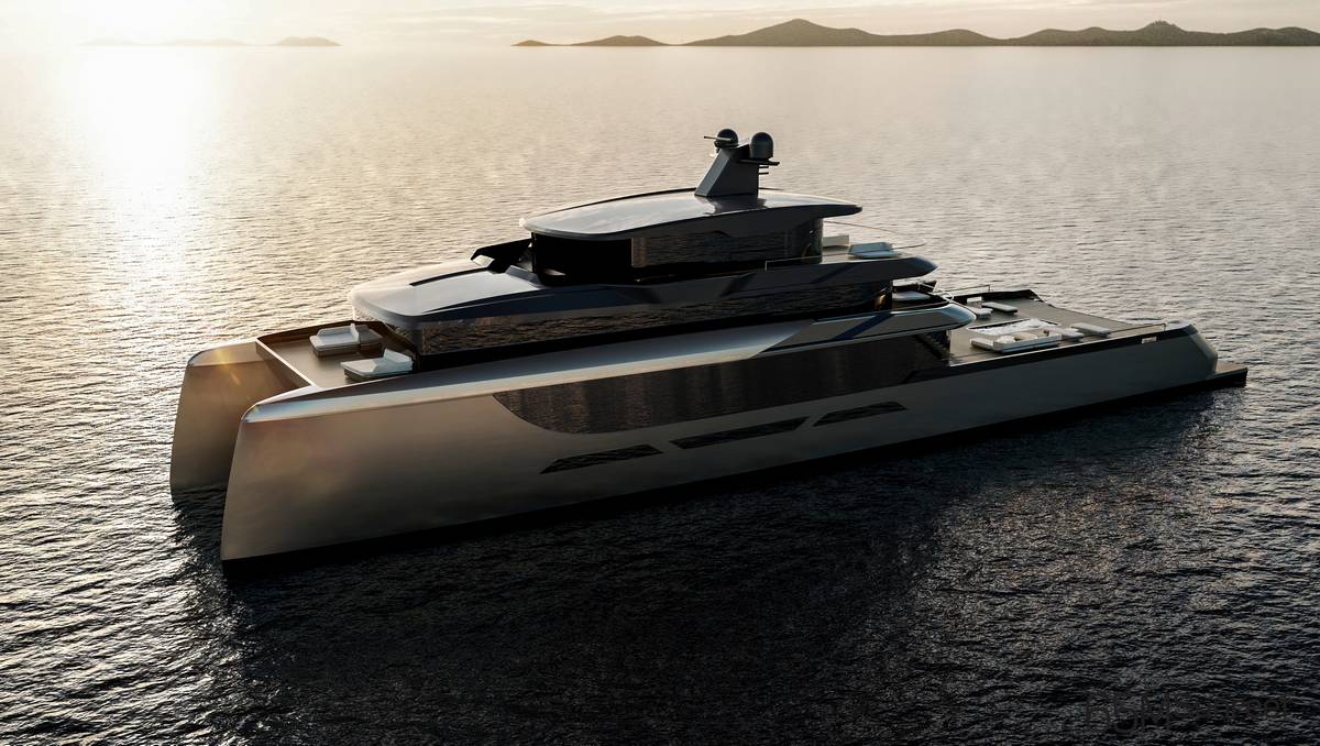 Yacht di lusso moderno in mare, nave da diporto elegante con design innovativo, ormeggiata in acque calme al tramonto, destinazione yachting e nautica di prestigio.