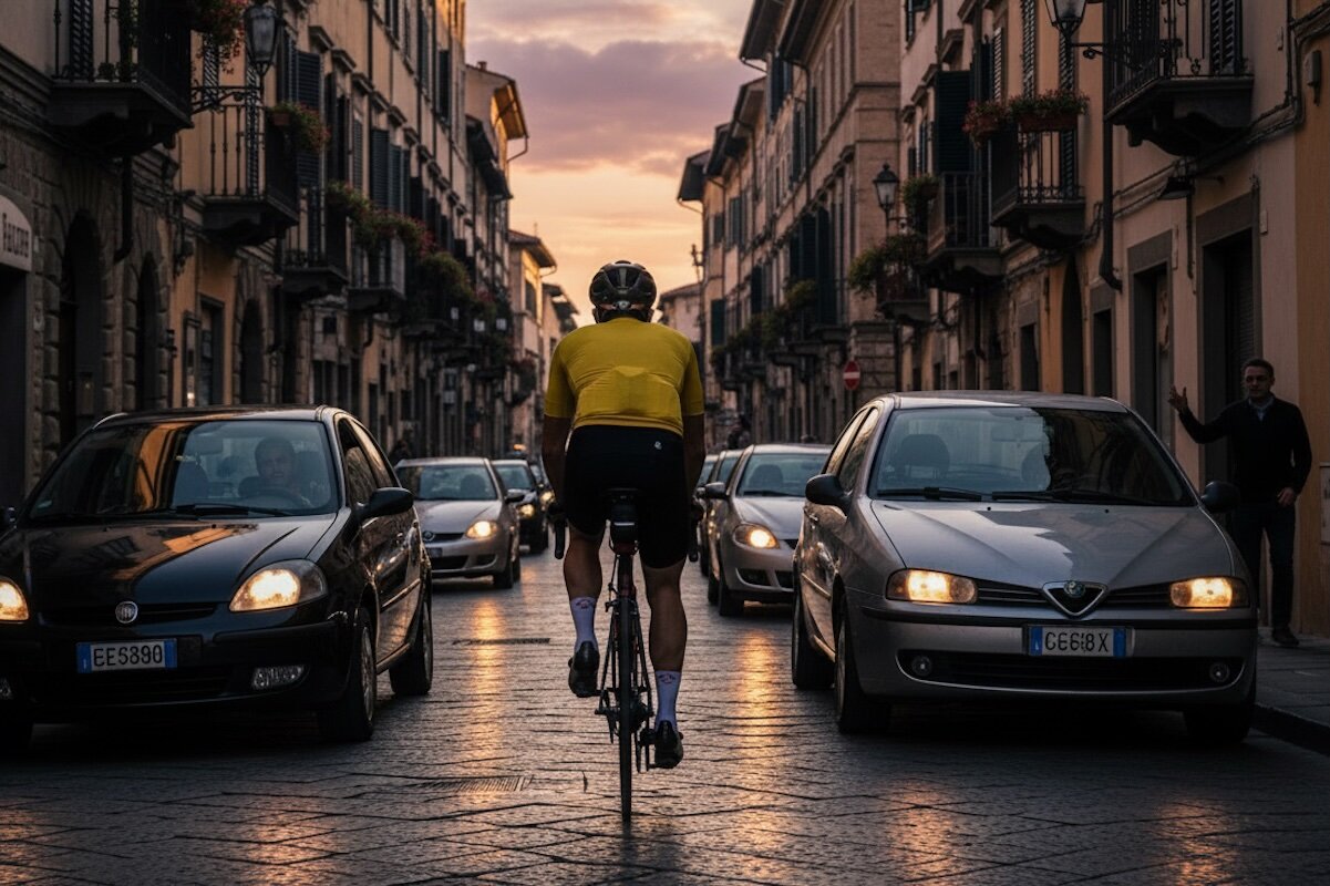 Un ciclista con maglia gialla percorre in contromano una strada stretta del centro storico italiano al tramonto, circondato da auto con i fari accesi e edifici in stile tradizionale.