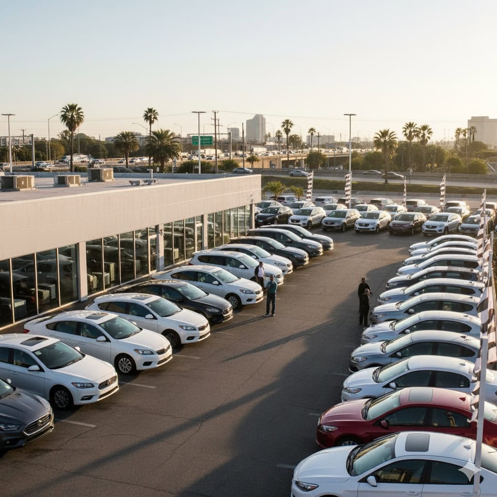 Automobili usate in un concessionario, parco auto all'aperto, mercato auto, showroom auto, vendite veicoli, auto di alta qualità, tecnologia automobilistica, investimenti nel settore auto, automobili moderne.