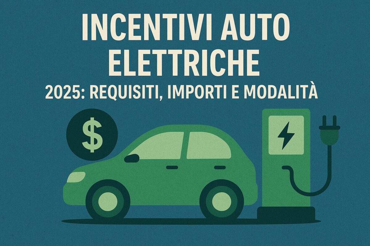 Grafica illustrata con auto elettrica verde accanto a una colonnina di ricarica e un simbolo del dollaro, accompagnata dal testo “Incentivi auto elettriche 2025: requisiti, importi e modalità”.