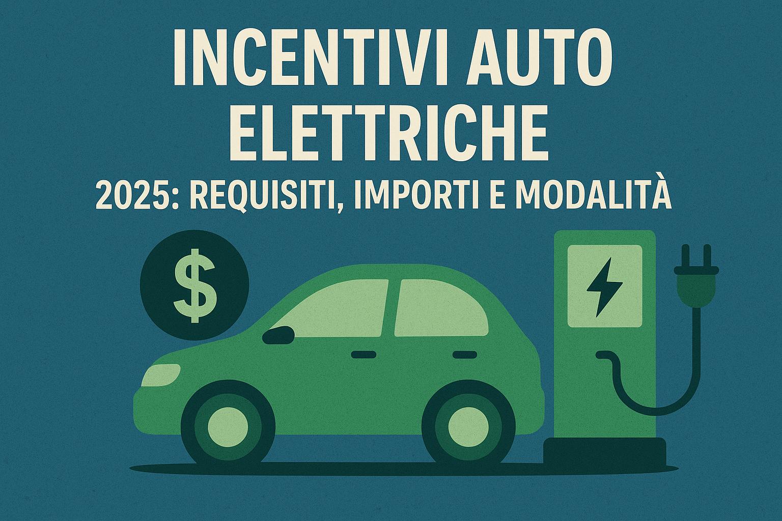 Grafica illustrata con auto elettrica verde accanto a una colonnina di ricarica e un simbolo del dollaro, accompagnata dal testo “Incentivi auto elettriche 2025: requisiti, importi e modalità”.